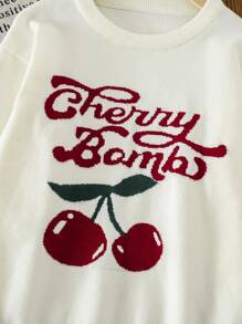 SHEIN Explorewe Tween Girl Cute Cherry Pattern Knitted Sweater, Children Autumn Casual Crew Neck Long Sleeve Pullover - Apricot - View 5