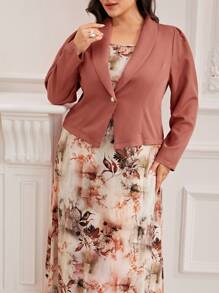Modelyn 2 件大码套装：翻领长袖上衣和全身印花优雅连衣裙 2 件套