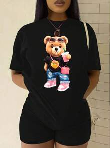 Teen Girl Casual Comfortable Bear Print Short Sleeve Loose Crew Neck T-Shirt, Suitable For Summer Holiday - Black - View 1