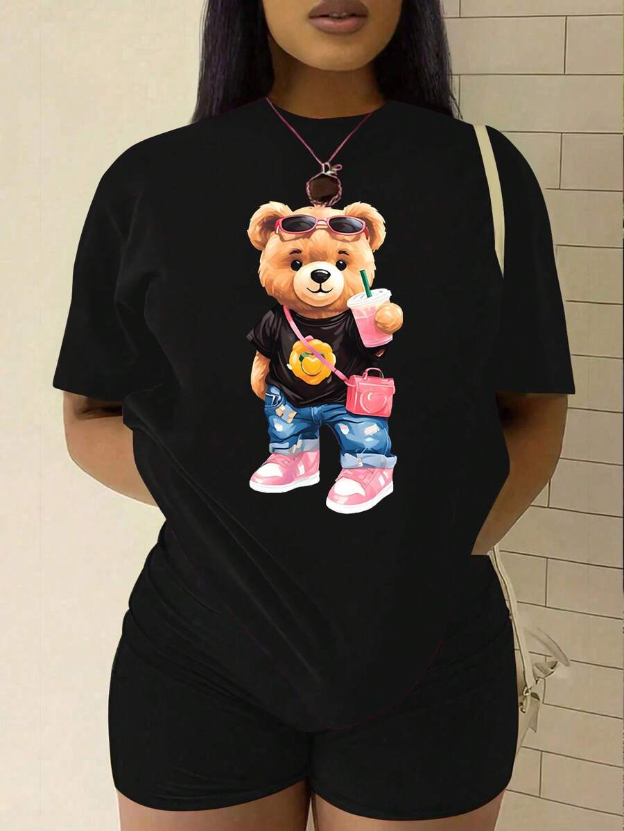 Teen Girl Casual Comfortable Bear Print Short Sleeve Loose Crew Neck T-Shirt, Suitable For Summer Holiday - Black - View 1