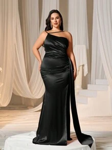 Faeriesty Plus Asymmetrical Neck Ruched Split Thigh Satin Formal Wedding Party Dress, Black Prom Evening Gown, For Wedding Guest, Graduation, Dinner - Black - View 3