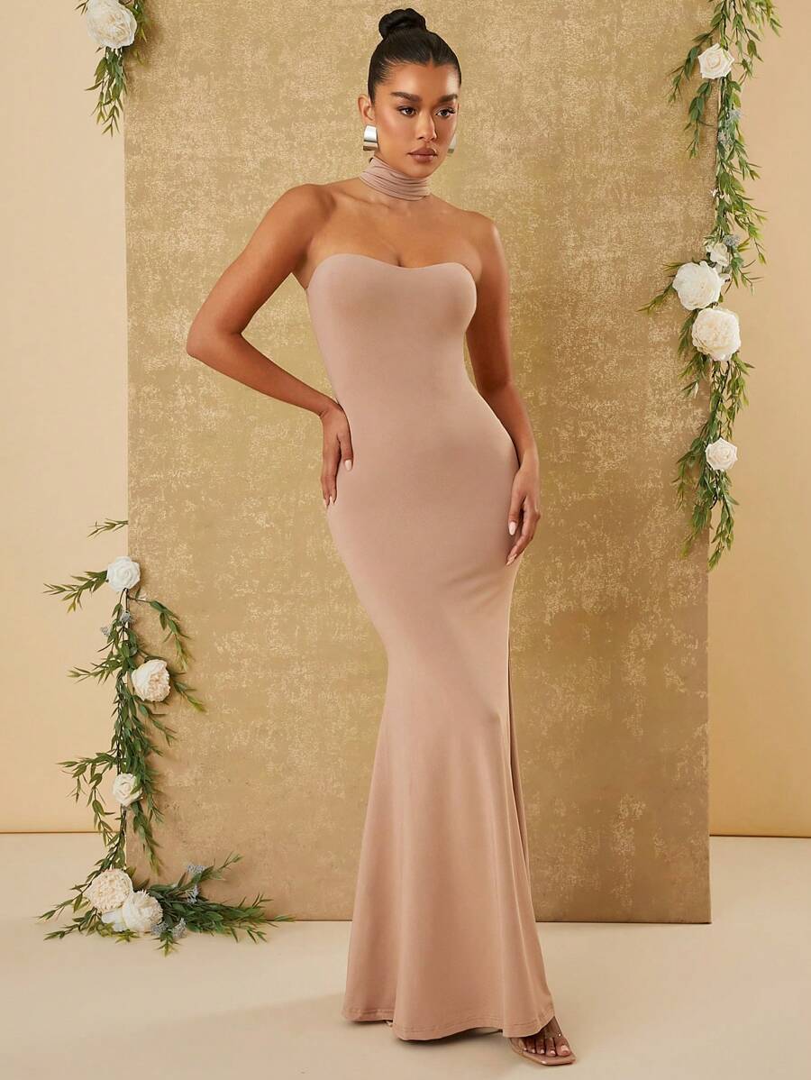 Hauture Solid Color Strapless Elegant Fishtail Sleeveless Dress - Khaki - View 1