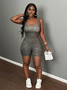 Slaydiva New Basic Solid Color Textured Sleeveless Women Tight Jumpsuit, Suitable For Lounging And Everyday Wear - Green - View 5