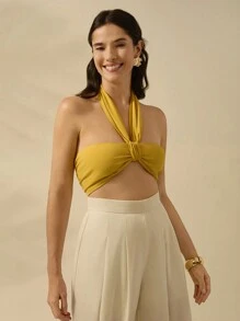 CAJUNI Women's Vacation Casual Summer Yellow Halter Twist Lace Up Top - Yellow - View 6