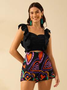 CAJUNI 女士彩色心形印花、波西米亚风印花黑色迷你短裤、假日休闲沙滩夏季短裤 - 彩色 - 查看 9