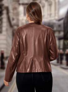 SHEIN Clasi 大码女式纯色 PU 皮革长袖优雅短夹克，春/秋 - 棕色 - 查看 2