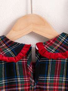 SHEIN Genkimix Kids Young Girls Plaid Peter Pan Collar Long Sleeve Dress - Red - View 6