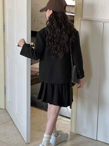 DAZY Set de 2 piezas con blusa de manga larga con botones al frente y falda evasé de unicolor para niña preadolescente