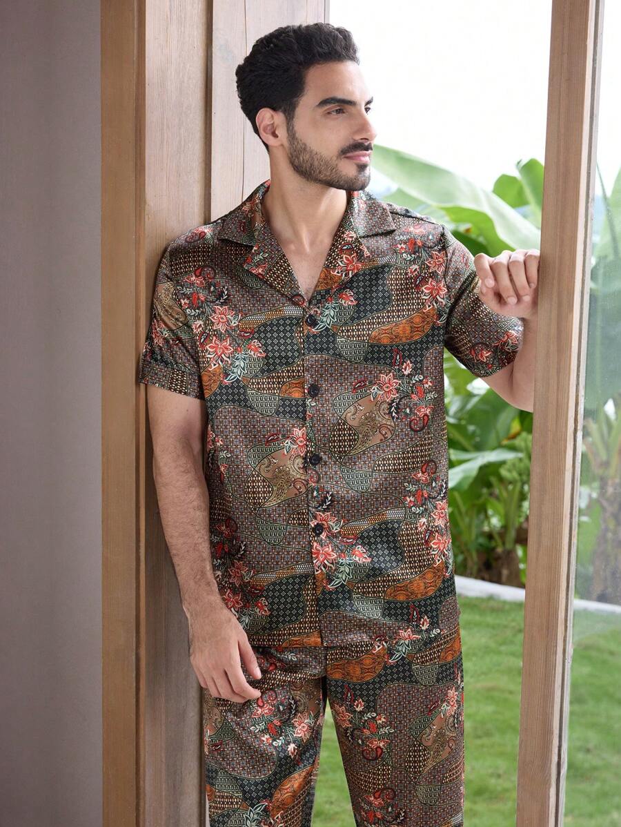 Manfinity ChillVibe Men's Floral Print Button-Front Short Sleeve Top And Pants Pajama Set
