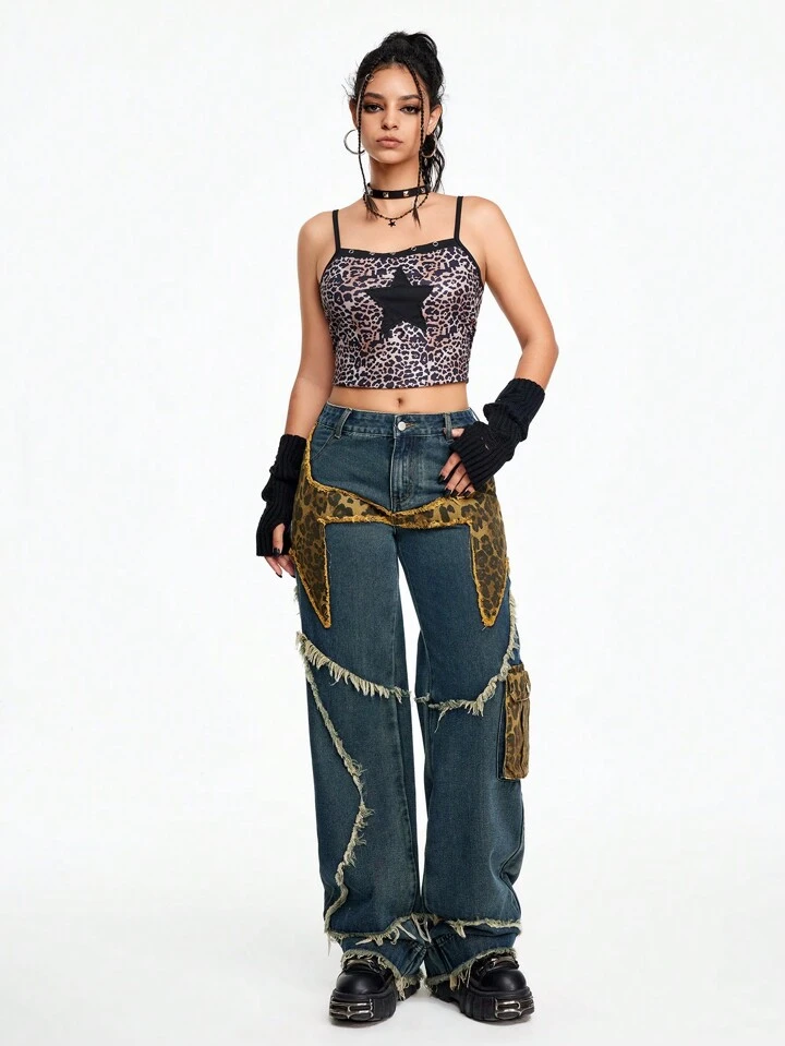 Our Grunge Punk Denim Patchwork Leopard & Star Print Straight Leg