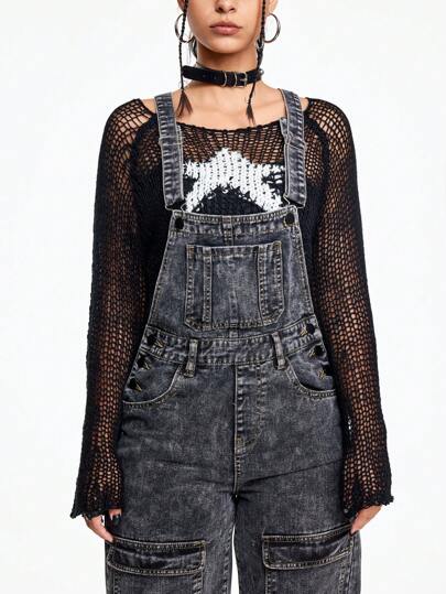 Grunge Punk Peto vaquero de mujer con bolsillos 3D, color desgastado casual, ideal para combinar con blusas y camisas en otoño/invierno