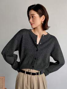 FRIFUL 2pcs Women Solid Color Button Front Crew Neck Cardigan And Camisole Sweater Set