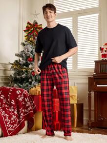 Men's Plaid Print Drawstring Waist Pajama Pants, Christmas, Winter - Red - View 6