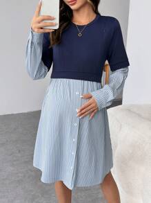 SHEIN Maternity Nursing Dress, Knit Round Neck Long Sleeve Colorblock Pregnant Women Dress, Blue - Blue - View 6