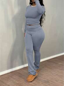Women's Solid Color Crew Neck Long Sleeve T-Shirt And Pants Casual Set, Spring/Summer