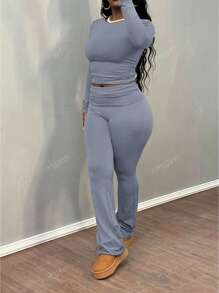 Women's Solid Color Crew Neck Long Sleeve T-Shirt And Pants Casual Set, Spring/Summer