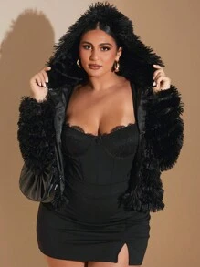SHEIN BAE 大码女装秋冬优雅派对约会时尚超级百搭纯色黑色长袖皮草时尚仙女性感保暖连帽皮草大衣毛绒大衣加前毛绒大衣 - 黑色 - 查看 5