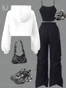 3pcs/Set Teen Girls Hooded Sweatshirt + Cami Vest + Elastic Waist Cargo Pants