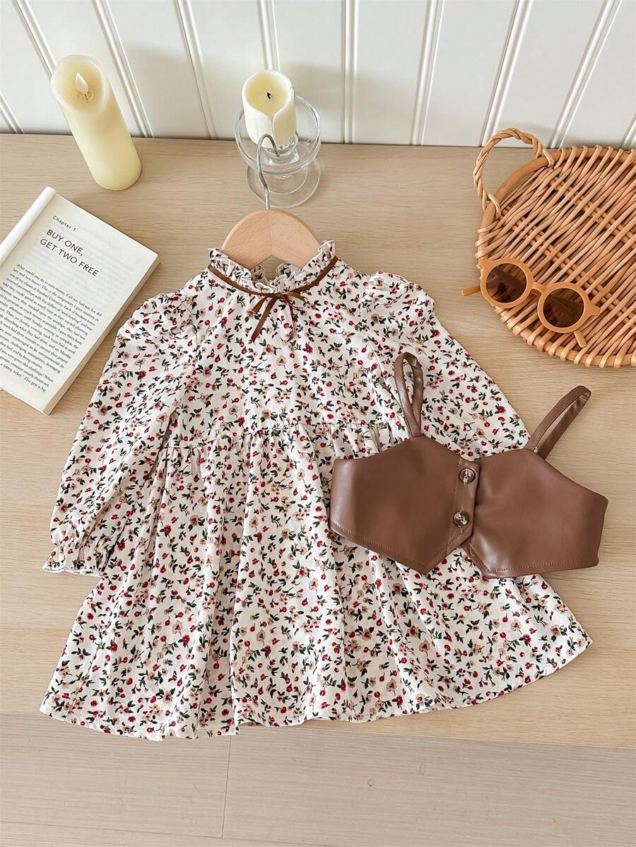 SHEIN LMoss Kids LMoss 2 件装女婴碎花长袖连衣裙和 PU 皮革吊带上衣套装，秋冬款 - 彩色 - 查看 1