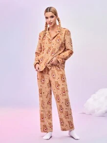 SHEIN X Care Bears 棕色法兰绒长袖睡衣套装，可爱甜美风格，温柔小熊，秋冬 - 棕色 - 查看 3