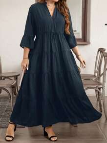 SHEIN LUNE Đầm chữ A dài cổ chữ V trơn mùa hè cỡ lớn cho nữ - Màu xanh hải quân - Xem 6