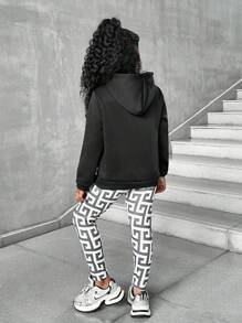 SHEIN 2pcs/Set Tween Girls' Casual Bear Letter & Geometric Print Hoodie Sweatshirt And Geometric Print Leggings, Suitable For Leisure And Outdoor Wear In Autumn, Winter And Spring