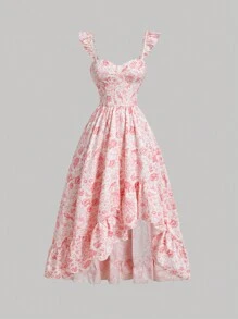 SHEIN MOD Women's Summer Blue And White Botanical Floral Print Dress,Long Floral Dress,Tea Party Dress,Vintage Dress,Summer Women Dresses,Hawaiian Dress,Long Beach Dress,Long Beach Dress