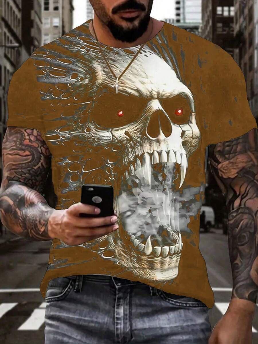 Manfinity Roughcore Áo thun nam cổ tròn tay ngắn in hình đầu lâu thường ngày mùa hè - Cà phê nâu - Xem 1