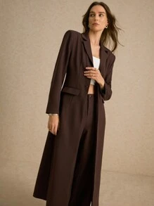 Poéselle 女款棕色单排扣宽肩带修身两侧真口袋长袖长款西装外套，棕色长款风衣外套，秋季女装，冬季大衣，冬季女装外套，日常出游，休闲百搭，可购买同款裤装，适合秋季搭配及正式商务场合 FW24， - 巧克力棕 - 查看 2