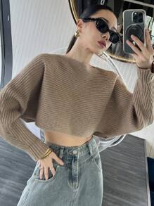 DAZY Dames effen ronde hals vleermuismouwen lange mouw cropped losse trui, herfst/winter