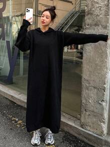 DAZY 女式纯色落肩长袖连帽超长毛衣连衣裙，秋冬 - 黑色 - 查看 4