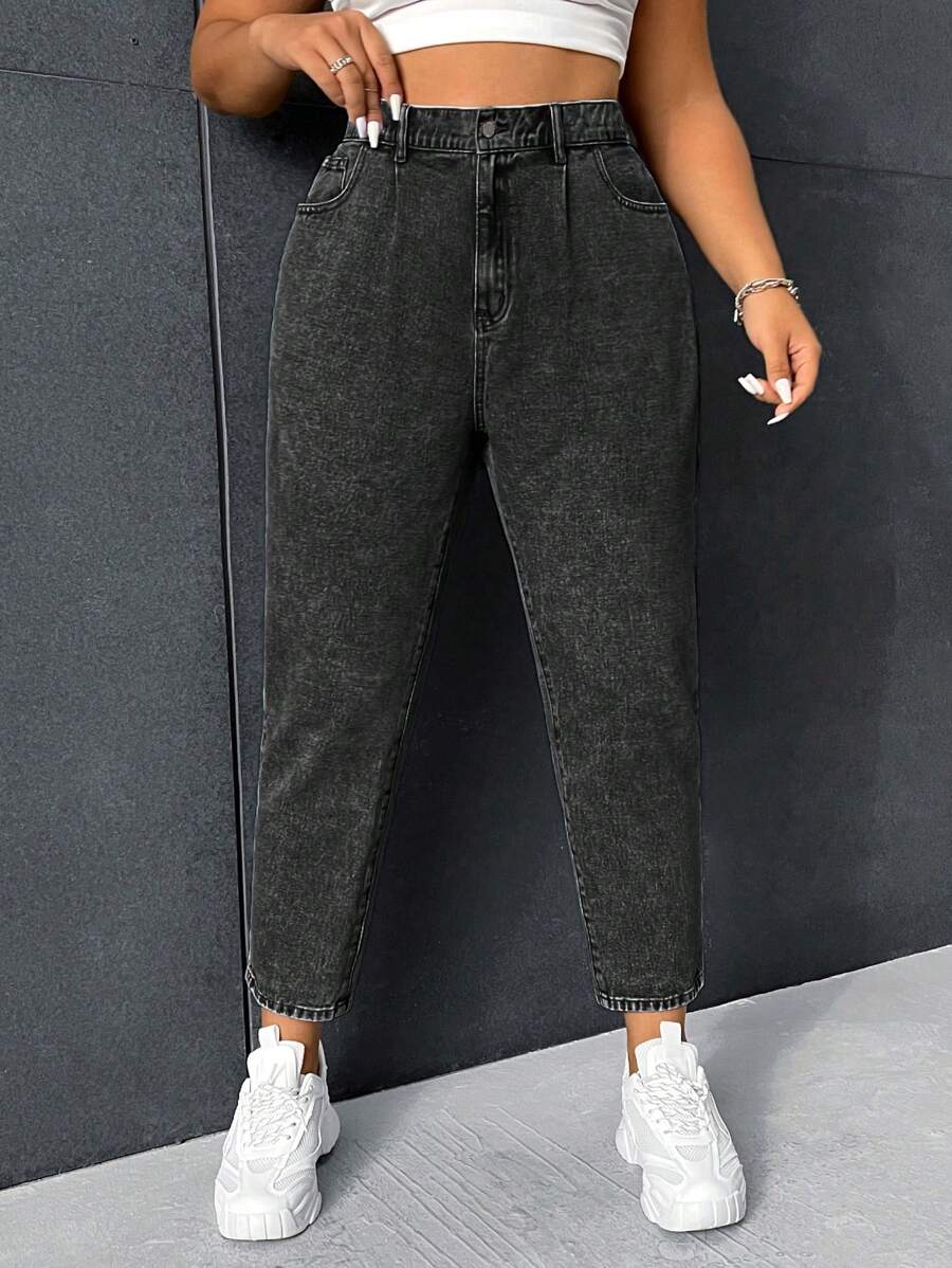 SHEIN ICON Plus Size Solid Color Pocket Jeggings - Black - View 1