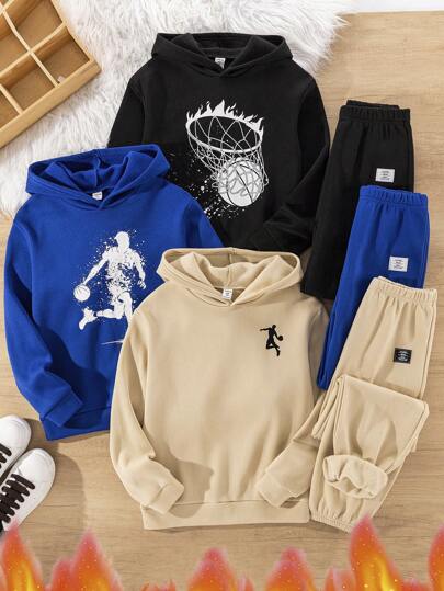 6 件儿童和青少年男童休闲篮球印花连帽宽松长袖连帽衫和纯色针织裤两件套服装，3 种款式套装，买 1 送 2，适合通勤、上学、日常休闲、度假、运动、春季、夏季、秋季、冬季