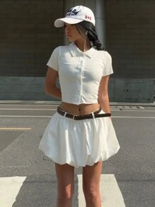 SHEIN EZwear SHEIN Coolane Summer Casual White Woven Fabric Low-Waist Mini Bud Skirt Back To School Uniform Skirt,With Belt - White - View 6