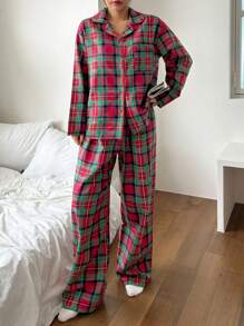 DAZY Conjunto de pijama con camisa de manga larga con botones y pantalón largo a cuadros, holgado