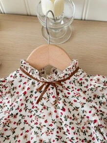 SHEIN LMoss Kids LMoss 2 件装女婴碎花长袖连衣裙和 PU 皮革吊带上衣套装，秋冬款 - 彩色 - 查看 3