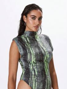 MUSERA High Neck Printed Bodysuit With Shoulder Pads Sexy Club Spring Summer Vacation - Multicolor - View 5