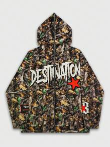 ROMWE MEN Street Life Men's Allover Print Zip-Up Hooded Sweatshirt, Suitable For Spring And Summer - Multicolor - View 1