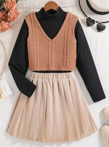 少女 V 领棕色背心 + 黑色高领长袖衬衫 + 褶皱松紧腰裙 3 件套 - 卡其色 - 查看 1