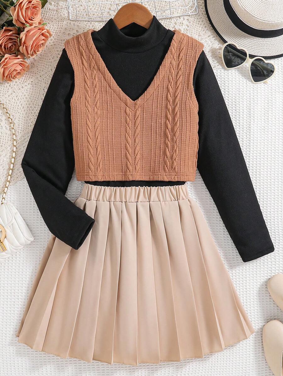 少女 V 领棕色背心 + 黑色高领长袖衬衫 + 褶皱松紧腰裙 3 件套 - 卡其色 - 查看 1