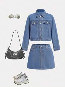 Girls Casual Versatile Denim Jacket And Mini Skirt Set - Medium Wash - View 1