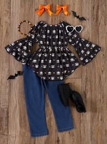 SHEIN 年轻女孩 2 件套黑色骨骼印花长袖上衣和蓝色长裤套装，秋冬 - 彩色 - 查看 2