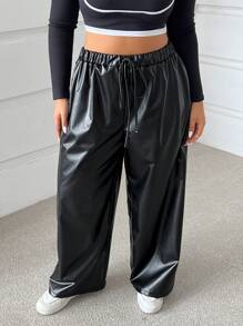 SHEIN EZwear 大码黑色 PU 抽绳休闲宽松裤 - 黑色 - 查看 5
