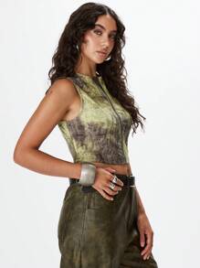 MUSERA Sleeveless Zip Crop Top Going Out Top Vacation Spring Summer Festival Rave Ibiza Fall - Multicolor - View 2