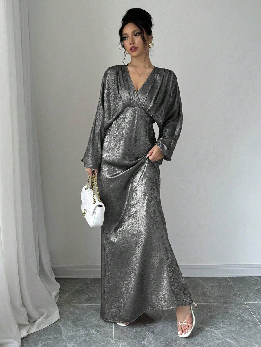 Elenzga 优雅 V 领纯色长袖连衣裙 - 黑色 - 查看 1