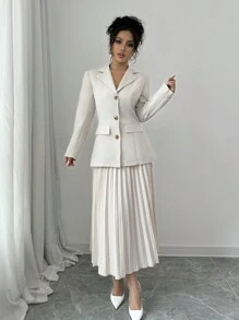 Elenzga Bộ vest thanh lịch gồm áo khoác dài tay cài nút phía trước màu trơn và chân váy mini xếp ly cho nữ - Màu be - Xem 3