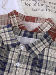 2 piezas Conjunto de camisa de estilo escolar informal con estampado a cuadros y texto bordado para niño joven, adecuado para otoño/invierno, salidas, uso casual en la calle - Multicolor - Ver 4