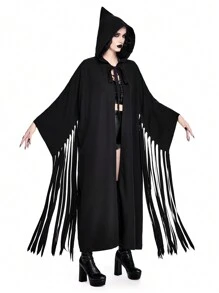 ROMWE Avant 角色扮演鬼魂流苏连帽领长袖角色扮演服装斗篷外套，女士万圣节服装 - 黑色 - 查看 4