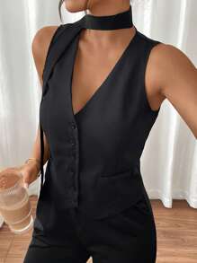 SHEIN Frenchy 女式夏季纯色 V 领单排扣无袖休闲衬衫 - 黑色 - 查看 1