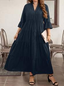 SHEIN LUNE Đầm chữ A dài cổ chữ V trơn mùa hè cỡ lớn cho nữ - Màu xanh hải quân - Xem 5